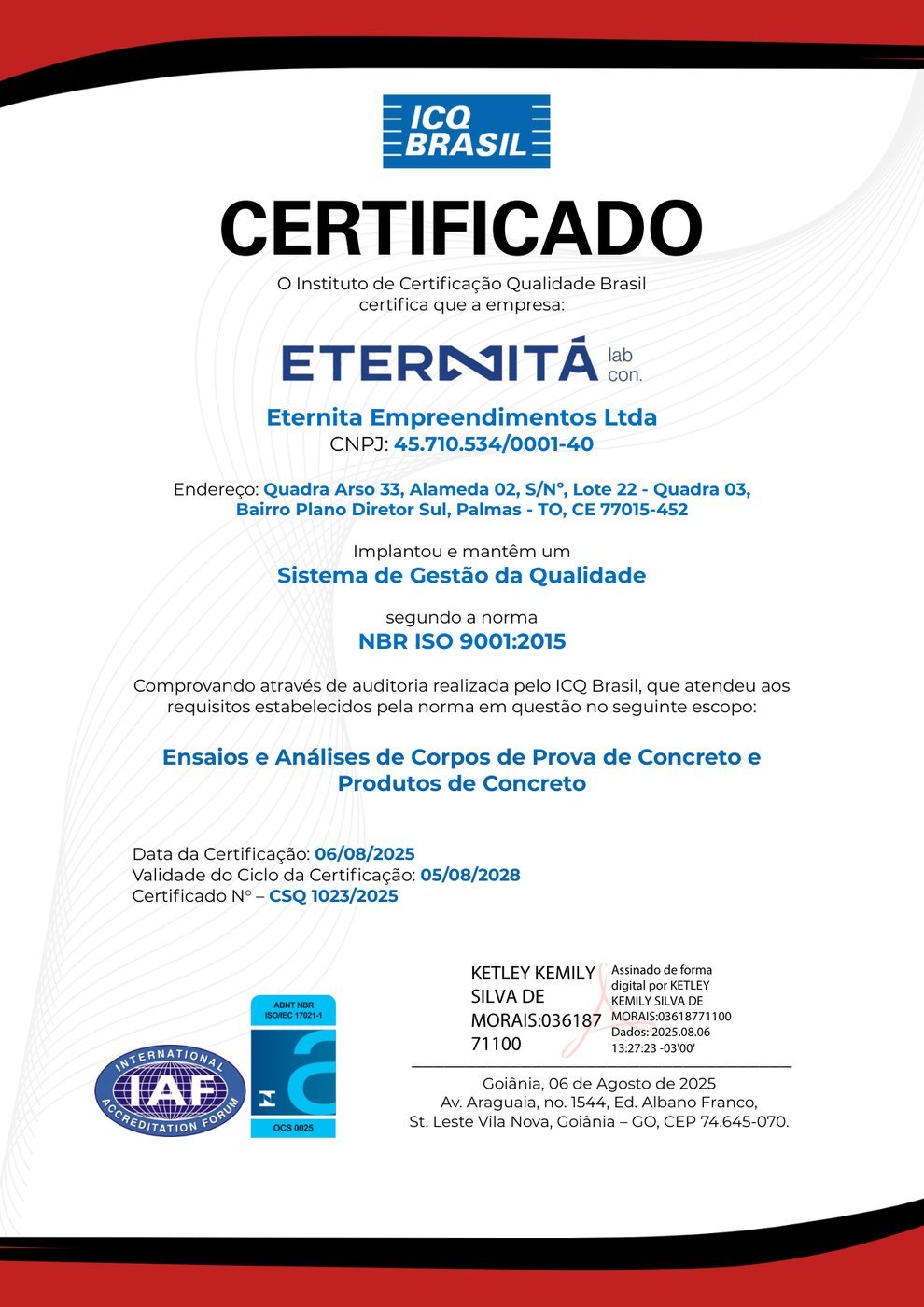 Certificado ISO 9001:2015 da Eternitá emitido pelo ICQ Brasil
